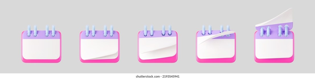 3d pink calendar icons with flipping pages and rings isolated on gray background. Render of daily schedule planner. Calendar events plan, work planning concept. 3d cartoon simple vector illustration