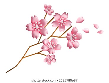 3D pink cherry blossom flower sakura branch vector isolated illustration