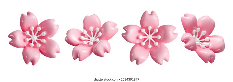 conjunto de vetor de flor de sakura de cereja rosa 3D