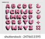 3D pink chubby alphabet vector set. Realistic ballon, Swimming ring, donut, star, flower elements.