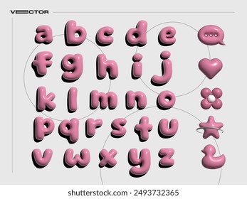 3D pink chubby alphabet vector set. Realistic speech bubble, heart shaped, flower, star, duck elements.