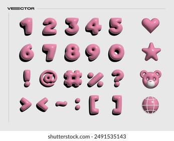 3D pink chubby number symbols vector set. Realistic heart shaped, star, bear, network icon.