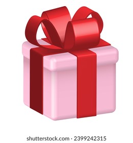 3d Pink closed gift box with red ribbon bow isolated on white background. Realistic vector icon of a holiday surprise box for birthday or wedding banners.