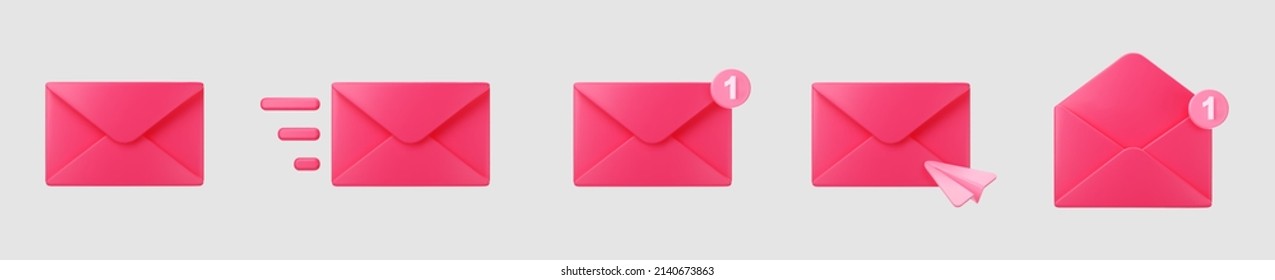 3d pink closed mail envelope icon set with marker new message isolated on grey background. Render pink email notification with letters, check mark, paper plane. 3d realistic vector