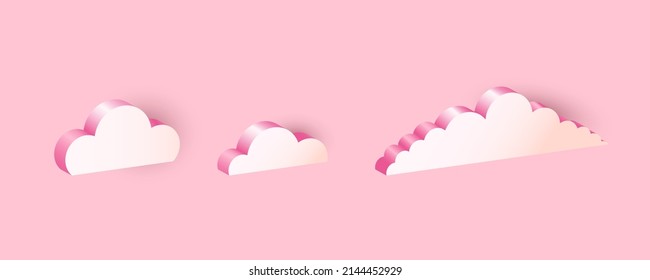 3D Pink Clouds. Realistic Icon Set, Geometric Shapes In Sunset Sky, Communication Balloon, Web Internet Symbol, Meteorology Climate Element, Decorative Objects Vector Isolated Illustration