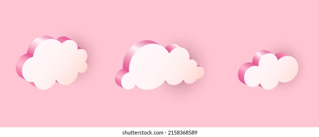 3D Pink Clouds. Realistic Icon Set, Geometric Shapes In Sunset Sky, Communication Balloon, Web Internet Symbol, Meteorology Climate Element, Decorative Objects Vector Isolated Illustration