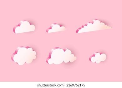 3D Pink Clouds. Realistic Icon Set, Geometric Shapes In Sunset Sky, Communication Balloon, Web Internet Symbol, Meteorology Climate Element, Decorative Objects Vector Isolated Illustration