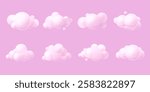 3d pink clouds. Sweet soft cloud render, cotton fluffy bubbles above sky element cartoon game background freedom concept overcast weather round shapes, exact vector illustration original artwork
