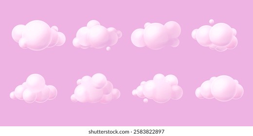 3d pink clouds. Sweet soft cloud render, cotton fluffy bubbles above sky element cartoon game background freedom concept overcast weather round shapes, exact vector illustration original artwork