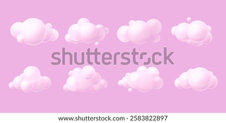 3d pink clouds. Sweet soft cloud render, cotton fluffy bubbles above sky element cartoon game background freedom concept overcast weather round shapes, exact vector illustration original artwork