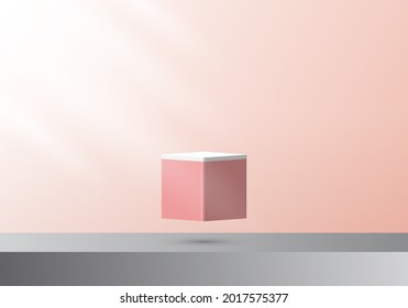 3D pink color cube pedestal floating on air with light minimal wall scene. You can use for product display presentation, mockup, retail showroom, etc. Vector illustration