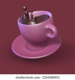 3D rosafarbene Tasse mit Kaffeepause oder heißer Schokolade in Bewegung. Fallender Porzellanmug auf violettem Hintergrund. Grüne Tasse heißen Getränks auf dem Teller. Vektorgrafik.