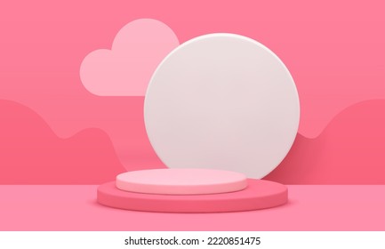 3d Pink Cylinder Pedestal Promo Product Performance Space Summer Studio Background Realistic Vector Illustration. Premium Podium Stage Landscape Cloud Nature Scenery Minimalistic Decorative Design