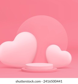 3d pink cylinder podium pedestal with heart wall for cosmetic product show realistic vector background. Elegant feminine display geometric platform romantic advertising showcase commercial studio