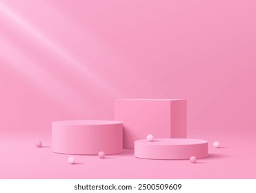 3D pink cylindrical podium background with cube pedestal, Clean empty wall scene. Minimalist 3D mockup pedestal or abstract product display presentation, Stage for showcase. Platforms vector design.