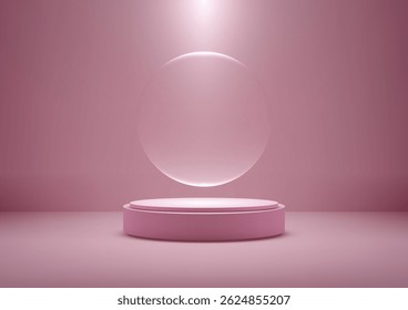 3d pink cylindrical podium mockup featuring a floating translucent circle, ideal for product display or minimalist showcase. Modern design with spotlight lighting for sleek presentations