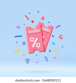3D pink discount tickets with percentage sign, surrounded by colorful confetti, symbolizing sales, offers, and special promotions. 3d rendering. Vector illustration
