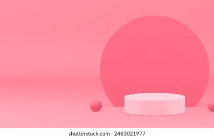 3d pink display podium pedestal mock up for cosmetic product show realistic vector illustration. Elegant feminine pastel rendering showcase cylinder platform with round wall background and sphere