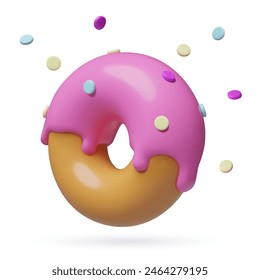 Icono de donut rosa 3d con salpicaduras de colores. Lindo Vector realista mínimo ilustración tridimensional de alimentos aislado sobre fondo blanco. 