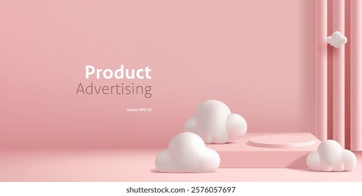 3D pink empty podium for products, clouds, columns, wall. For advertising concepts and promotional offers for products. Pink advertising banner. Vector