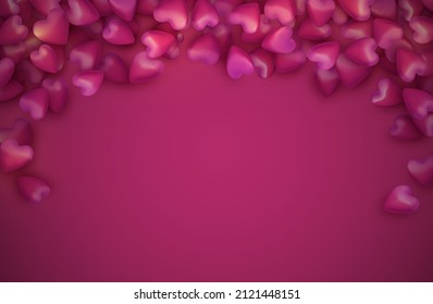 3d pink falling hearts on pink background. Hearts like candy. Valentine's day. Vector illustration.