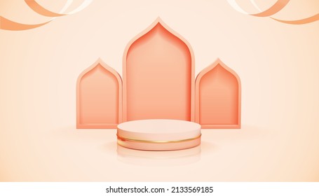 3d Pink Fashion Product Display Background For Muslim Holiday. Round Podium With Islamic Door Frame And Ribbons.