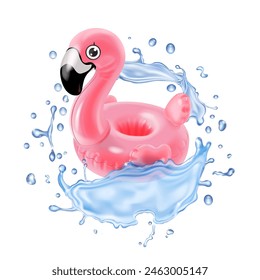 3d pink flamingo, inflatable swimming pool ring, tube, float with water splash. Vacation holiday icon, beach sea ocean summer vacation. Vector illustration isolated on white background