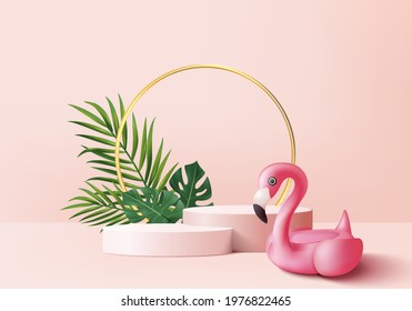 3d pink flamingo render for summer, background product display podium scene with green leaf geometric platform. background vector 3d render with podium. stand to show cosmetic product display studio