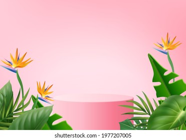 3d pink flamingo render for summer, background product display podium scene with green leaf geometric platform. holiday background vector 3d render with podium. stand to show cosmetic product display