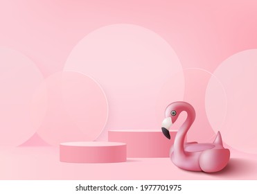 3d pink flamingo render for summer, background product display podium scene with pink geometric platform. background vector 3d render with podium. stand to show cosmetic product holiday studio