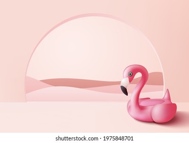 3d pink flamingo rendering for summer, tropical bird shape inflatable swimming pool ring, float. Summer vacation holiday rubber scene, traveling. Stage showcase on pedestal 3d pink background vector