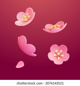 3D pink flowers with five pink petals and yellow center falling with different angles 