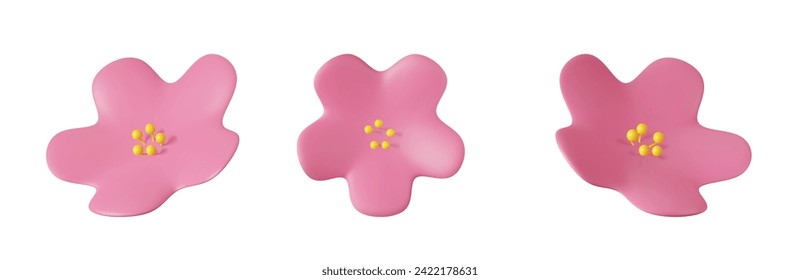 3D pink flowers with pink petals and yellow center. Nature elements isolated on white background. 3d rendering. Vector illustration