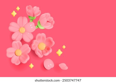 3D pink flowers with small yellow stars on a bright pink background. Floral elements and copy space on the right side. Spring concept.