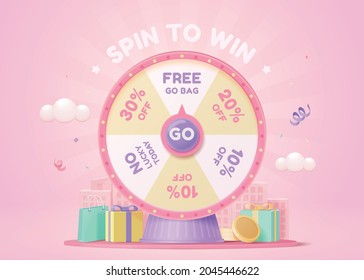 3d pink fortune spinning wheel for online promotion events. Concept of winning the biggest discount as jackpot prize.
