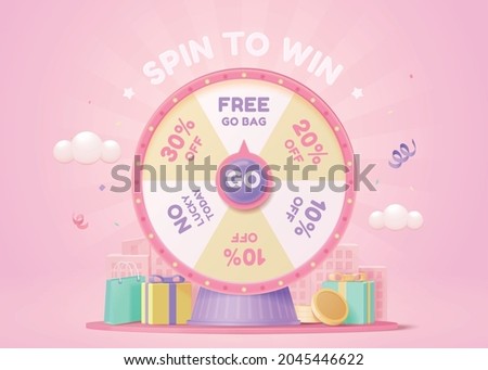 3d pink fortune spinning wheel for online promotion events. Concept of winning the biggest discount as jackpot prize.