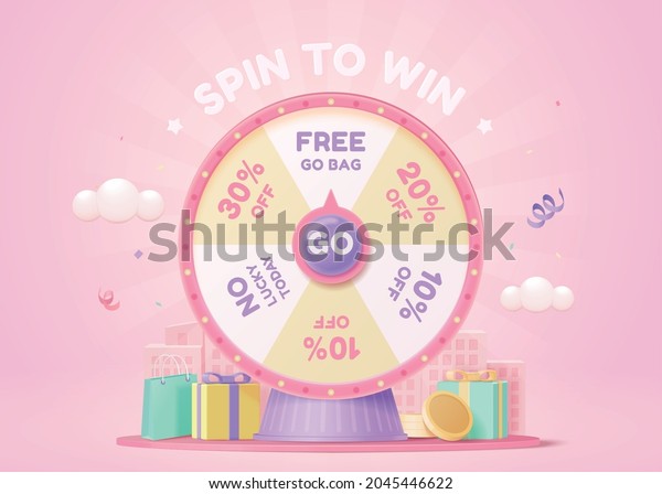 3d pink\
fortune spinning wheel for online promotion events. Concept of\
winning the biggest discount as jackpot\
prize.