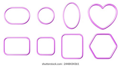 Conjunto de Formas geométricas de marcos rosados 3d: círculo, óvalo, rectángulo, cuadrado, corazón, hexágono. Colección de borde rosa brillante realista. Ilustración vectorial de stock sobre fondo aislado.