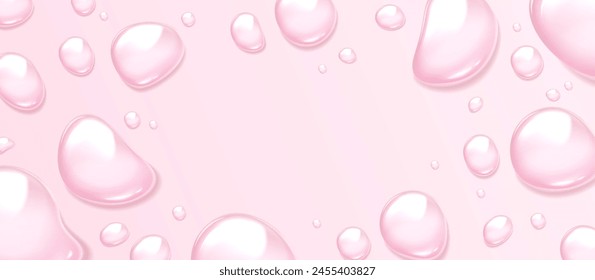 3d pink gel drop. Liquid jelly serum or water droplet background. Soap drip ball with vitamin for skincare. Fluid raspberry lotion or shampoo cosmetic product. Gloss body moisture bubble on surface