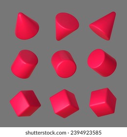 3d of pink geometric shape set. Realistic red geometric cube, cone and cylinder in perspective isolated on grey background. Vector illustration.