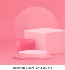 3d pink geometric showroom podium pedestal with romantic heart decor realistic vector background. Elegant advertising studio interior with cylinder and squared platform wall feminine product show