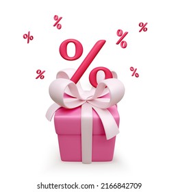 3D pink gift box with bow and percent symbol on it. Falling percentage signs. Discount card template isolated on white. Vector illustration