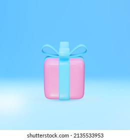 3D-rosafarbene Geschenkbox einzeln auf blauem Hintergrund. Vektorgrafik.