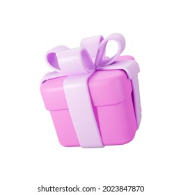 3d pink gift box with pastel ribbon bow isolated on a white background. 3d render flying modern holiday surprise box. Realistic vector icon for present, birthday or wedding banners