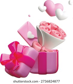 3D pink gift box with rose flowers bouquet and envelope. Romantic event present, Valentine's Day gift with hearts. Festive love surprise present vector isolated. Realistic volume holiday celebration