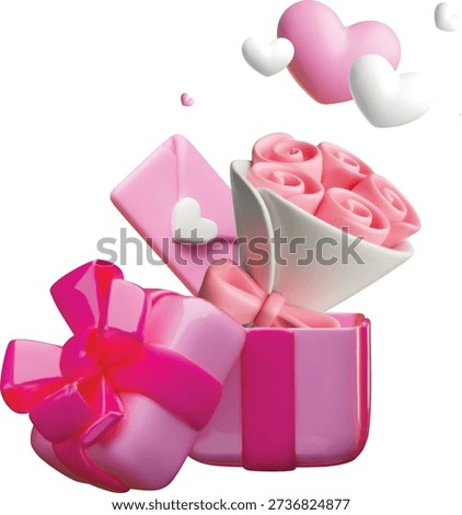 3D pink gift box with rose flowers bouquet and envelope. Romantic event present, Valentine's Day gift with hearts. Festive love surprise present vector isolated. Realistic volume holiday celebration