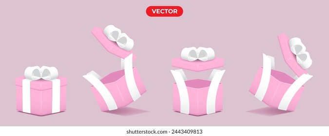 Conjunto de caja de regalo rosa 3d con cuatro opciones de posición. ilustración vectorial