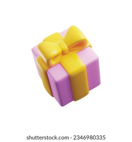 3d pink gift box with yellow ribbon bow isolated on white background. 3d render flying modern holiday surprise box. Realistic volume vector icon for present holiday surprise, birthday celebration