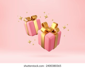 3d pink gift boxes with golden ribbon and bow and gold sequins confetti. Birthday celebration concept. Merry New Year and Merry Christmas gift boxes with golden bows. 3d rendering. Vector illustration