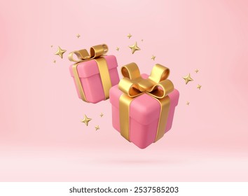 3d pink gift boxes with golden ribbon and bow. Birthday celebration concept. Merry New Year and Merry Christmas 2023 pink gift boxes with golden bows. 3d rendering. Vector illustration